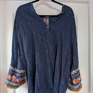 Johnny Was Navy Tunic with Colorful Embroidery